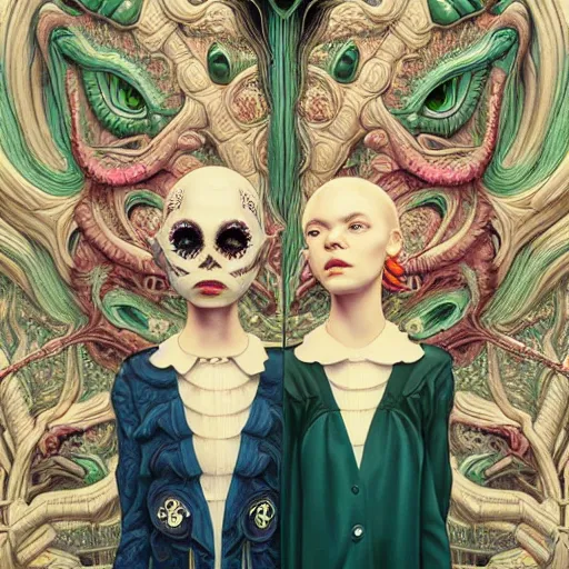 Prompt: creepy twins:: by Martine Johanna and Simon Stålenhag and Chie Yoshii and Casey Weldon and Guillermo del toro :: ornate, dynamic, particulate, intricate, elegant, highly detailed, centered, artstation, smooth, sharp focus, octane render, 3d