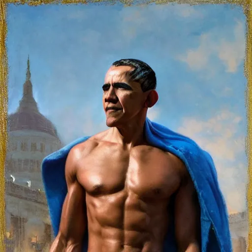 Image similar to detailed realistic cinematic wide shot of beautiful attractive muscular barack obama with gold chain wearing blue bath robe slim face symettrical face clean skin black eyes black robe smooth, sharp focus, ultra realistic, spring light, painting by gaston bussiere, craig mullins, j. c. leyendecker