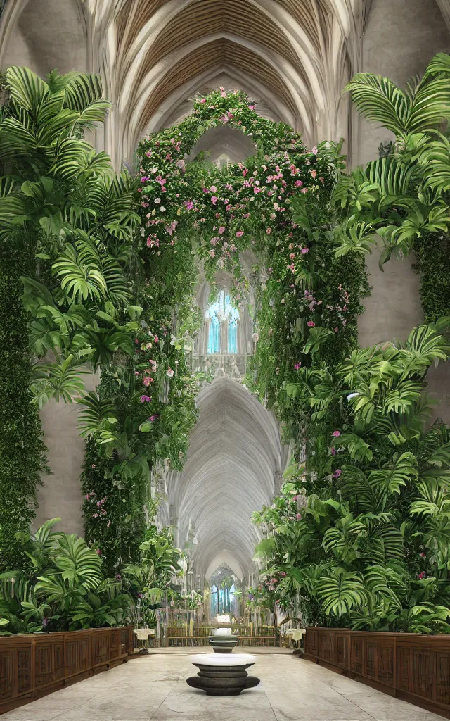 Image similar to grand cathedral interior with koi! pond! in the middle! surrounded by palm trees, ivy, flowers!, tropical plants, roses!, and with archways, rendered in octane render with photorealistic volumetric cinematic lighting, wide angle, horizontal symmetry, 8 k