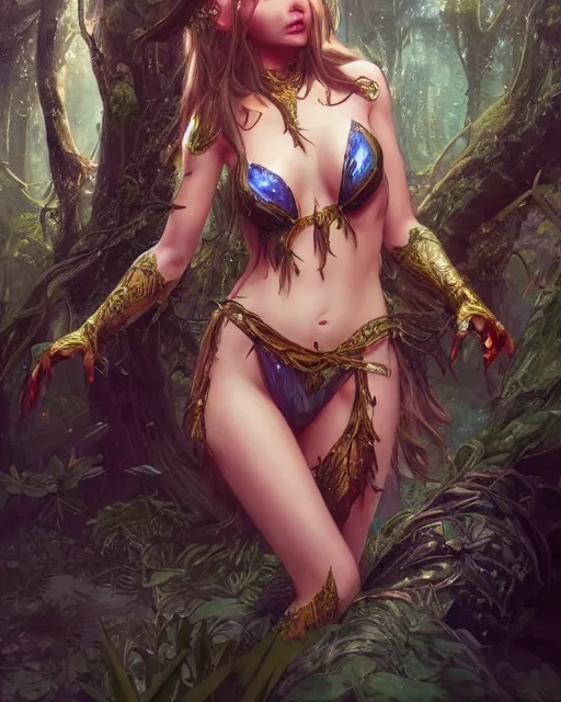 Prompt: A beautiful elf wearing a magical bikini posing in a magical forest, beautiful face, highly detailed face, close-up, fantasy art, in the style of greg rutkowski, illustration, epic, fantasy, intricate, hyper detailed, artstation, concept art, smooth, sharp focus