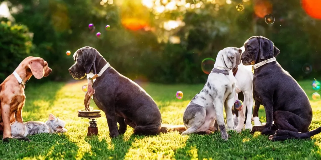 Image similar to a tiny adorable kitten and an elderly great dane are the best of friends, golden hour, back yard, giant iridescent soap bubbles fill the air, bokeh