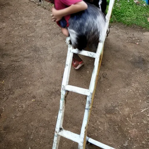 Prompt: a goat boy climbing up a ladder