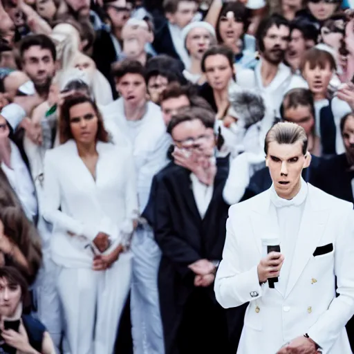 Prompt: portrait of a regal prince in futuristic white clothes, high collar, sharp cheekbones, wistful expression, surrounded by a crowd of angry people
