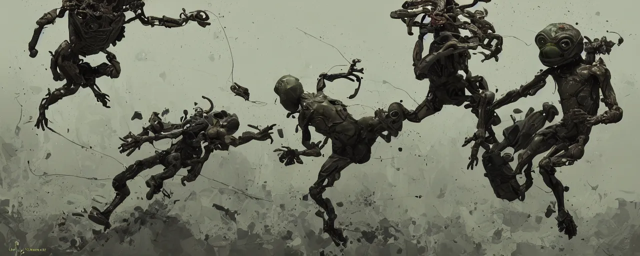 Image similar to duotone olive green grey illustration 3 / 4 portrait of gollum doing kunfu air kicks and fighting with boston dynamics robots. dynamic chaotic composition accidental renaissance golden ratio. by sachin teng and sergey kolesov and ruan jia and heng z. graffiti art, scifi, fantasy, hyper detailed. octane render. concept art. trending on artstation