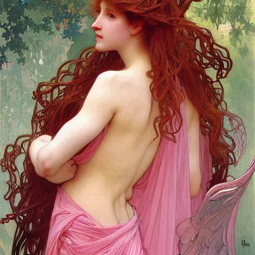 Image similar to painting of a beautifully angel with long flowing pink hair, intricate, elegant, hyperdetailed, by alphonse mucha and william - adolphe bouguereau and john william waterhouse, trending on artstation