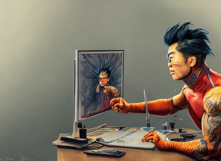 Image similar to an insanely detailed painting of an asian man wearing a homemade superhero costume, realistic face, sitting at a desk, staring seriously at the computer and typing, in the style of peter mohrbacher, james jean, artgerm, dramatic lighting and composition, surreal background, octane render, pixar, trending on artstation, concept art, comic book, 8 k