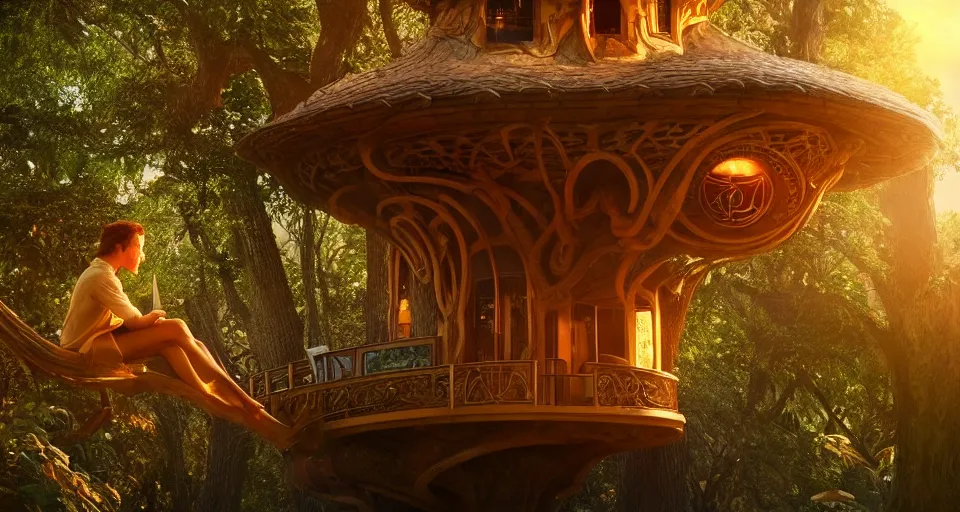 Image similar to An incredibly beautiful shot from a 2022 Marvel film featuring a character sitting in a cozy art nouveau reading nook inside a fantasy treehouse. Golden Hour. 8K UHD.