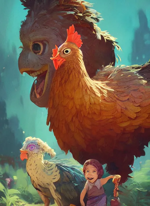 Image similar to a hen and her two children in a colorful movie by nuri iyem, james gurney, james jean, greg rutkowski, anato finnstark. pixar. hyper detailed, 5 0 mm, award winning photography, perfect faces