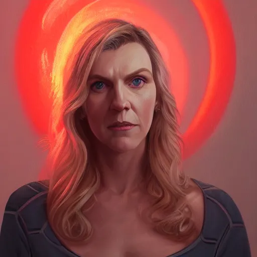 Prompt: portrait painting of rhea seehorn with red rays of light coming out of her eyes, beautiful detailed face, ultra photorealistic, concept art, intricate details, serious, highly detailed, smooth, sharp focus, featured on artstation, 8 k