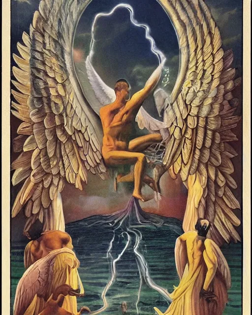 Prompt: surrealism : godly men from the realm of universe, hyperreal, detailed, the judgement an angel simetrical for the tarot of marseille, riddim, directorio