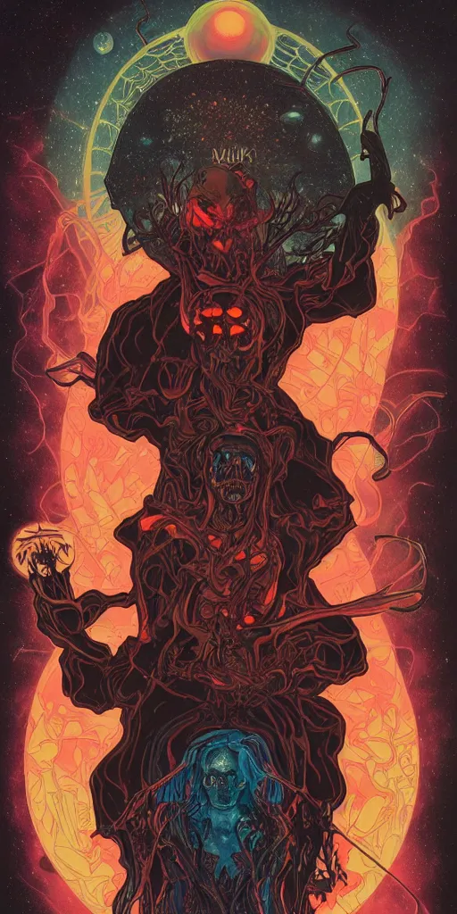 Prompt: intense glowing black metal pagan god with spider eyes and spider legs with a skull in very dark cosmic nebula by josan gonzales and moebius and alphonse mucha, portrait, light beams, lens flare, studio muti, malika favre, rhads, makoto, black and red and teal