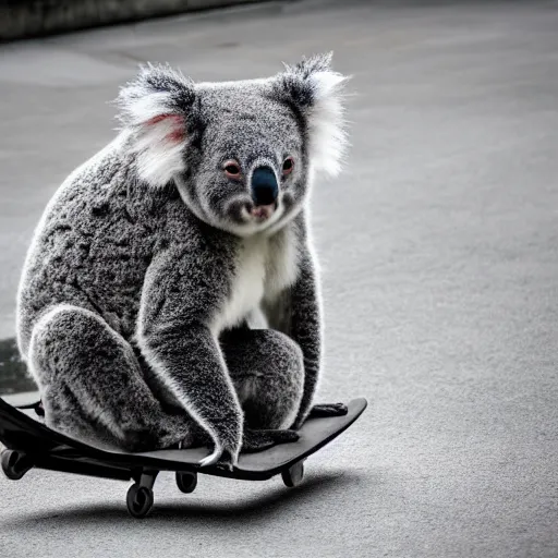 Prompt: photo of a Koala skateboarding in china