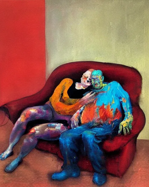 Image similar to thick flowing expressive impasto acrylic painting of an old dead couple sitting on a couch in an old soviet apartment, Beksinski painting, art by Adrian Ghenie and Gerhard Richter. Francis Bacon masterpiece, 2007 93 666