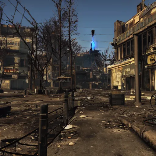 Prompt: Paris in ruins post-nuclear war in Fallout 4, in game screenshot