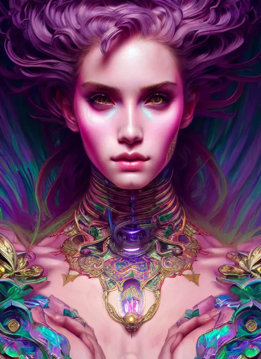 Image similar to hyper detailed ultra sharp of a beautiful necromancer girl. trending on artstation, vaporwave aesthetic, synthwave, colorful, psychedelic, ornate, intricate, digital painting, concept art, smooth, sharp focus, illustration, art by artgerm and greg rutkowski and alphonse mucha, 8 k