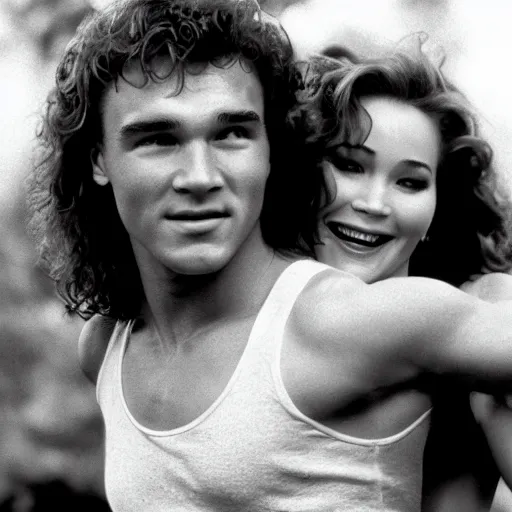 Image similar to dirty dancing poster with closeup portrait of young arnold schwarzenegger dancing with jennifer lawrence in the rain, 5 0 mm cinema shot, beautiful light, best lense, 9 0 s romantic movie, 4 k