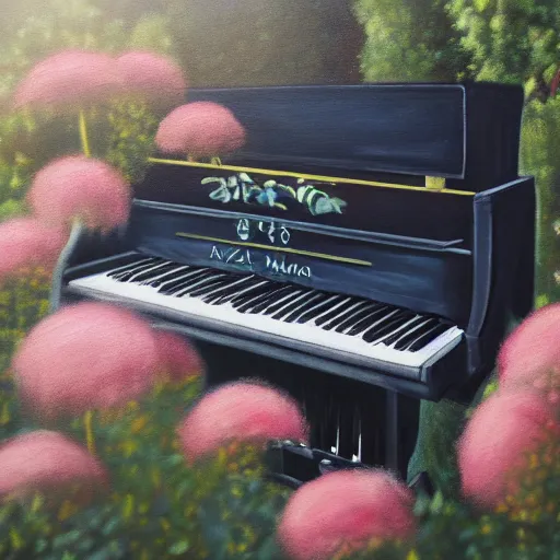 Image similar to A painting of an old piano in the middle of a garden by Hayao Miyazaki, 8K concept art, dreamy, garden, bushes, flowers, golden hour, vintage camera, detailed, UHD realistic faces, award winning photography, cinematic lighting