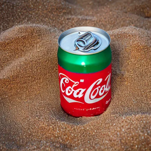 Image similar to can of soda sinking in the sand, photography, 2 4 mm lens, studio lighting,