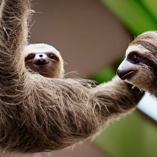 Image similar to baby cute sloth looking at the camera, most cute realistic animal in the world, sloth killing a pigeon with cute face, aggressive sloth fighting a muscled pigeon, best photo award, high quality 8 k, cinematic lighting