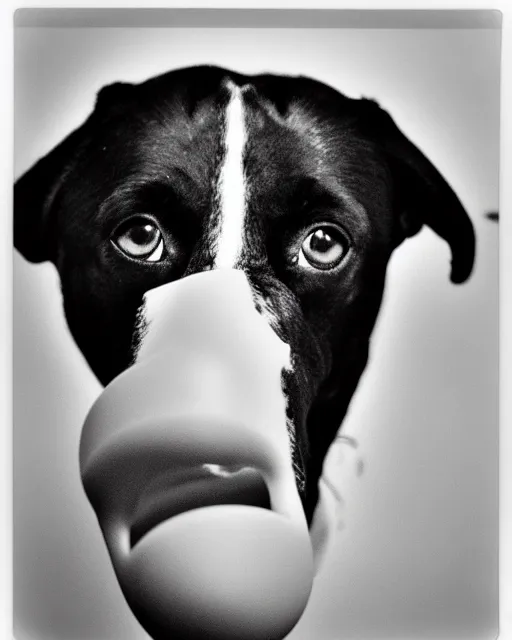 Image similar to portrait of a dog with ice cream dripping from its nose, detailed medium format photo, polaroid still, black and white, helmut newton, high production value, intricate details, high resolution, hyperrealistic, hdr, high definition, award winning photography, masterpiece, ultra realistic, highly detailed, hd, sharp focus, cinematic lighting, shaded, non blurry, sharp, smooth