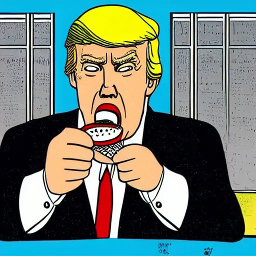 Prompt: close - up portrait of donald trump eating nuclear missiles, by chris ware