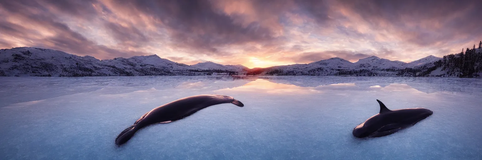 Image similar to amazing landscape photo of a large whale underneath transparent frozen lake at sunset by marc adamus beautiful dramatic lighting