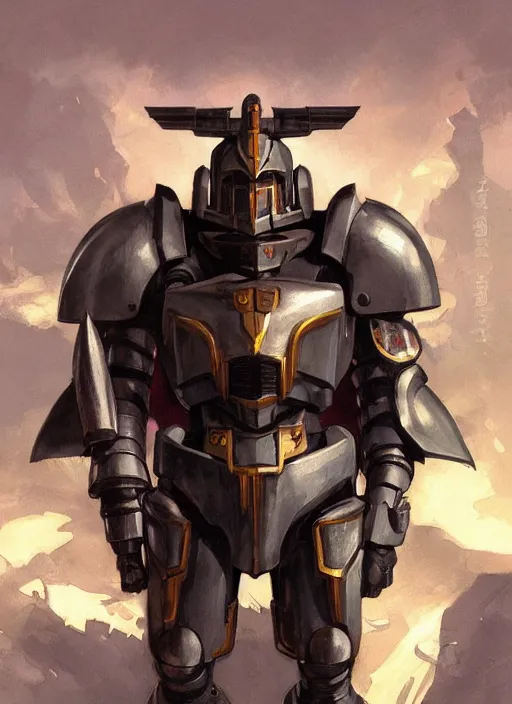 Prompt: medium-length portrait of a male paladin with short curly hair and a dark beard, dark brown skin, happy expression, wears a suit of power armor, gundam, buster sword, medieval setting, highly detailed, digital painting, artstation, concept art, sharp focus, illustration, art by greg rutkowski and alphonse mucha