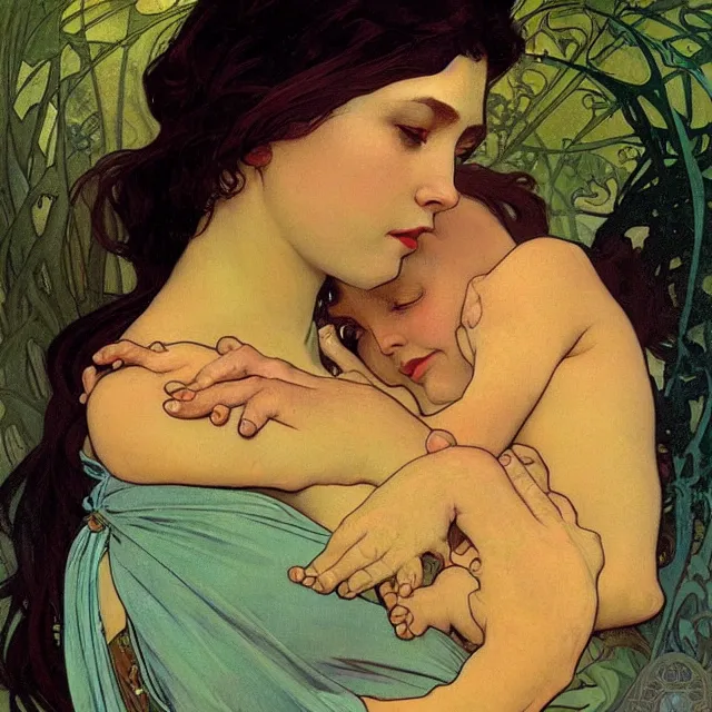 Prompt: an aesthetic! detailed portrait of an aesthetic woman crying mournfully while holding a child, by frank frazetta and alphonse mucha, oil on canvas, bright colors, art nouveau, epic composition, dungeons and dragons fantasy art, hd, god - rays, ray - tracing, crisp contour - lines, huhd - 8 k