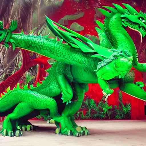 Prompt: a large gigantic green and red beautiful large dragon in a rain forest