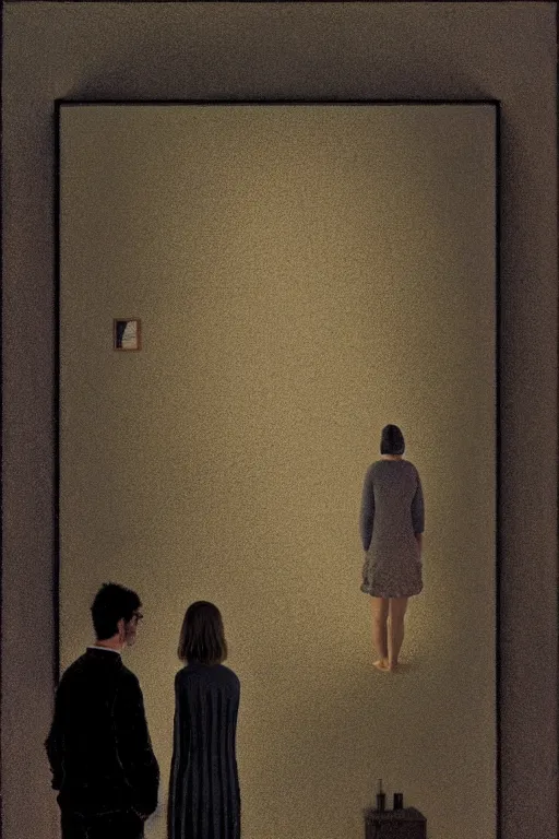 Prompt: man and woman, in the void, by the mirror, station, james gillard, zdislav bexinski, high detail alex colville, otto mueller, stephen conroy, andrea kowch, andrew newell wyeth, daniel meidman jussi picho octane rendering