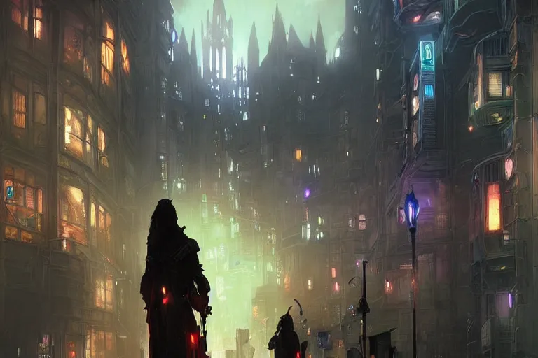 Image similar to Hogwarts cyberpunk city, neon lighting, night city, digital art from artstation by Ruan Jia and Mandy Jurgens and Artgerm and william-adolphe bouguereau and Greg Rutkowski and Wayne Barlowe