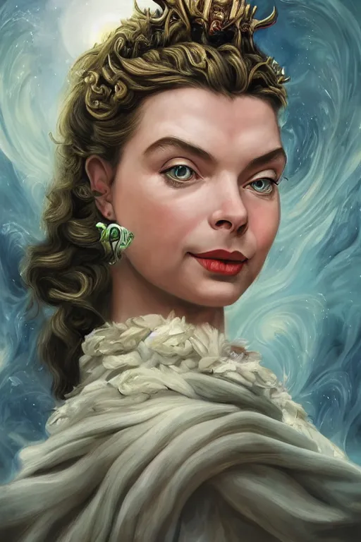 Image similar to A fantasy comic book style portrait painting of Ingrid Bergman, Anya Taylor-Joy, hybrid, as an Atlantean Reptilian Warrior, François Boucher, Oil Painting, Mystical Valkyrie, unreal 5, DAZ, hyperrealistic, octane render, Regal, Refined, Detailed Digital Art, RPG portrait, Michael Cheval, William-Adolphe Bouguereau, Walt Disney (1937), Steampunk, dynamic lighting, Highly Detailed, Cinematic Lighting, Unreal Engine, 8k, HD