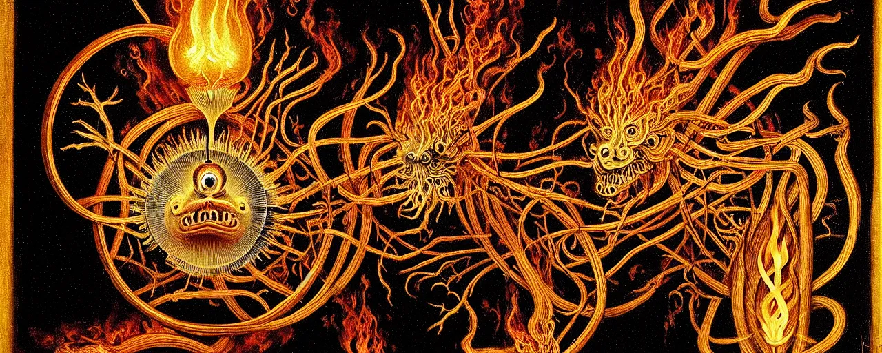 Image similar to a strange fire creature with endearing eyes radiates a unique canto'as above so below'while being ignited by the spirit of haeckel and robert fludd, breakthrough is iminent, glory be to the magic within, in honor of saturn, painted by ronny khalil