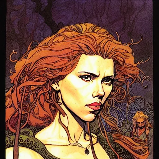 Image similar to a realistic, very beautiful and atmospheric portrait of scarlett johansson as a druidic warrior wizard looking at the camera with an intelligent gaze by rebecca guay, michael kaluta, charles vess and jean moebius giraud