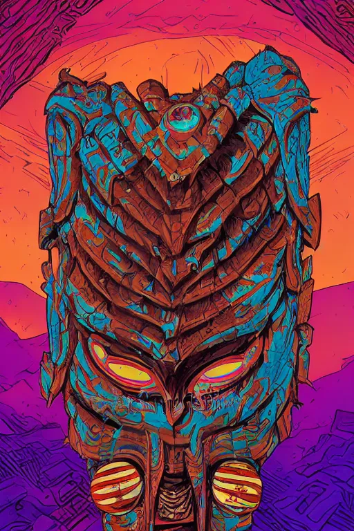 Image similar to totem animal tribal chaman vodoo mask feather gemstone plant wood rock video game illustration vivid color borderlands by josan gonzales and dan mumford radiating a glowing aura