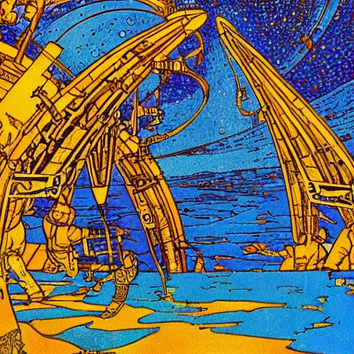 Prompt: space travel, graphical work by anatoly fomenko and bilibin