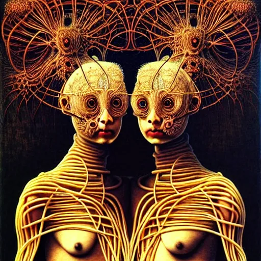 Image similar to siamese twins made of spaghetti, intricate armor made of spaghetti fractals, ancient warrior, samurai style, by giuseppe arcimboldo and ambrosius benson, renaissance, intricate and intense oil paint, a touch of beksinski, realistic