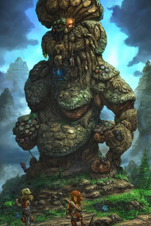 Image similar to zelda fantasy art giant golem troll wood rock greeble gemstone, global illumination ray tracing hdr fanart arstation by sung choi and eric pfeiffer and gabriel garza and casper konefal