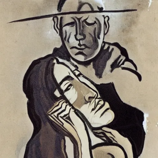 Image similar to This illustration was painted in 1937 during the Guerra Civil Española. The woman in the illustration is weeping for her dead husband. She is wearing a black dress and a black veil. Her face is distorted by grief. The illustration is dark and somber. Navajo green, illuminated codex gilded by Ossip Zadkine dismal