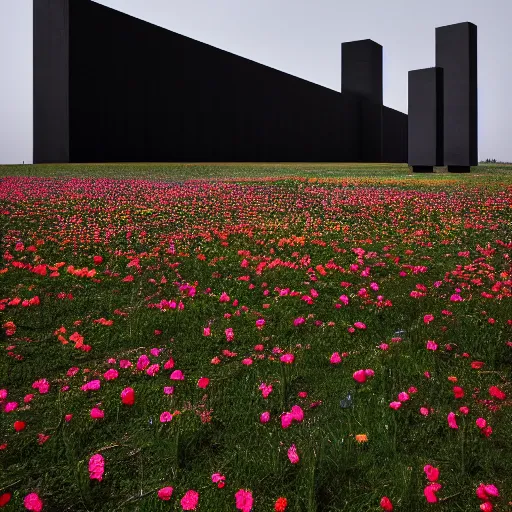 Image similar to very intrincated and ominous tall black column stands in the middle of an infinite plain covered with colorful flowers