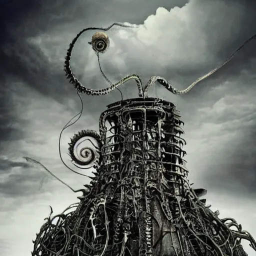 Image similar to giant evil bio-organic fleshy complex machine tower with tendrils and one eyeball at the top looking over a stormy post-apocalyptic wasteland, dystopian art