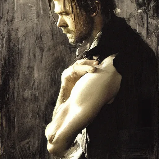 Image similar to portrait of an emotional chris hemsworth, by jeremy mann, anders zorn.