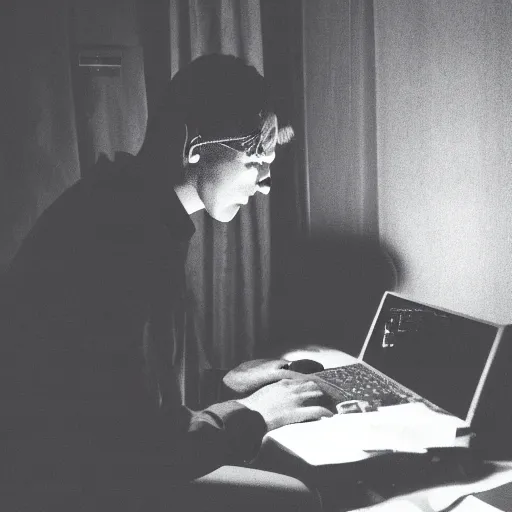 Image similar to Mysterious photo of a man alone in the dark on his computer in his hotel room, dark