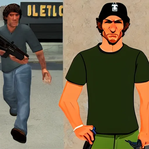 Image similar to todd Howard in GTA San Andreas style game