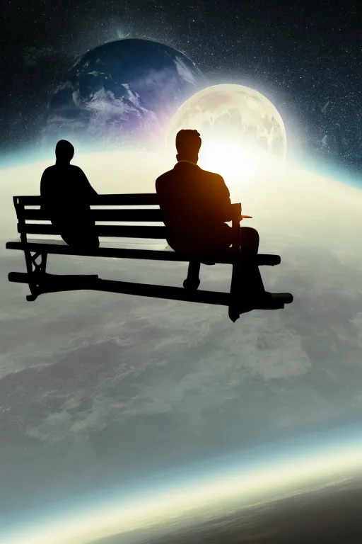 Image similar to Silhouette of a Couple sitting on a bench on the moon with a view of planet earth, photorealistic, high resolution, award winning, trending on artstation.