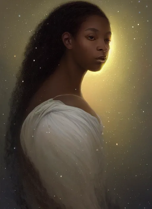 Prompt: oil painting close up portrait of a contemplative young black woman with long flowing hair in a dress made of nebular stardust galaxies, with white roses at sunset, crescent moon, hazy, digital art, chiaroscuro, artstation, cinematic, golden hour, concept art, digital art painting by greg rutkowski, william - adolphe bouguereau, hazy atmosphere, cinematic lighting