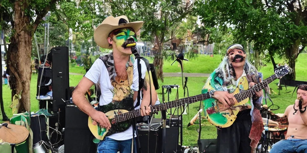 Image similar to a green-haired, funky, rustic, gentle metro dingo man with a Salvador Dali moustache mixes a band in the park