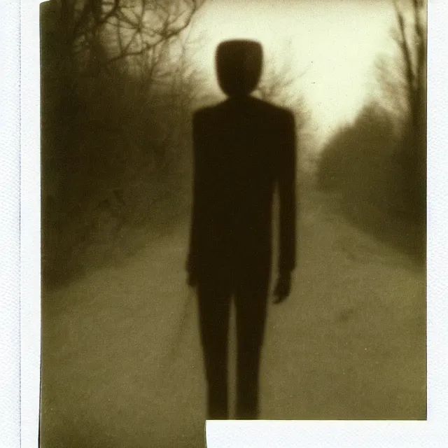 Prompt: a found polaroid photograph of slenderman, night