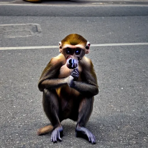 Image similar to candid portrait of a monkey in the street wearing girl's outfit, realistic, sharp focus