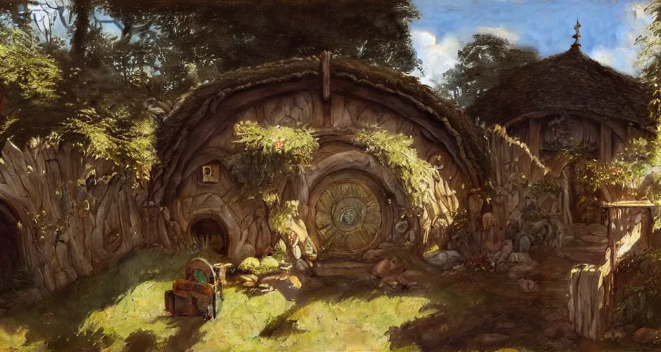 Image similar to hobbiton, hobbits, intricate, elegant, highly detailed, john park, frazetta, john howe, ruan jia, jeffrey catherine jones